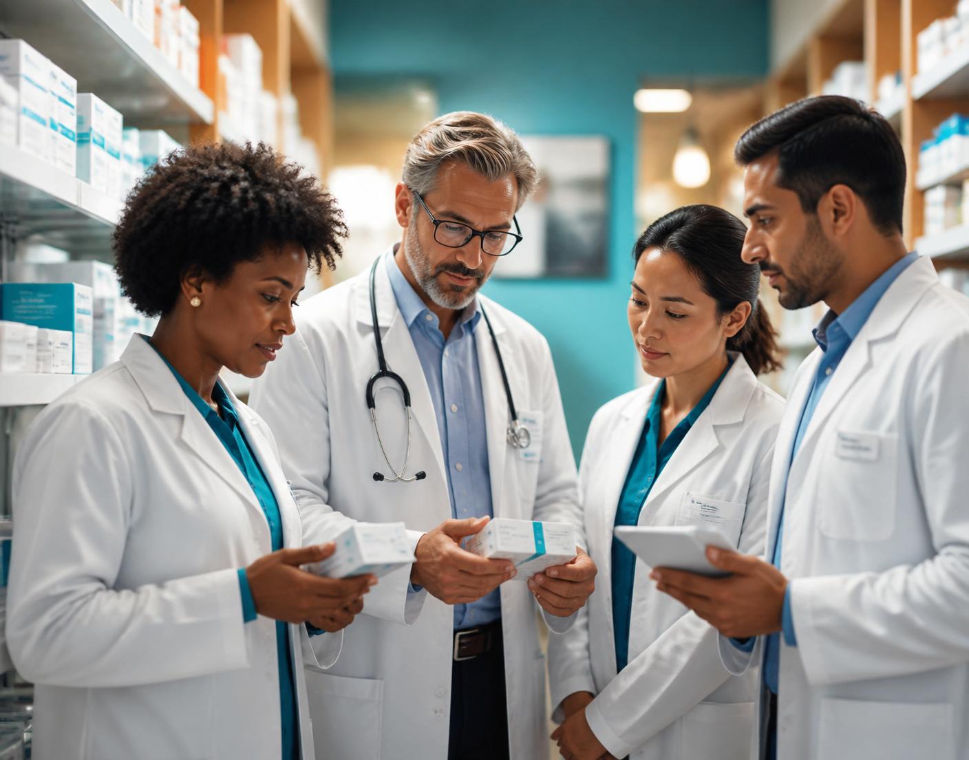 Pharmacists reviewing medicine packages